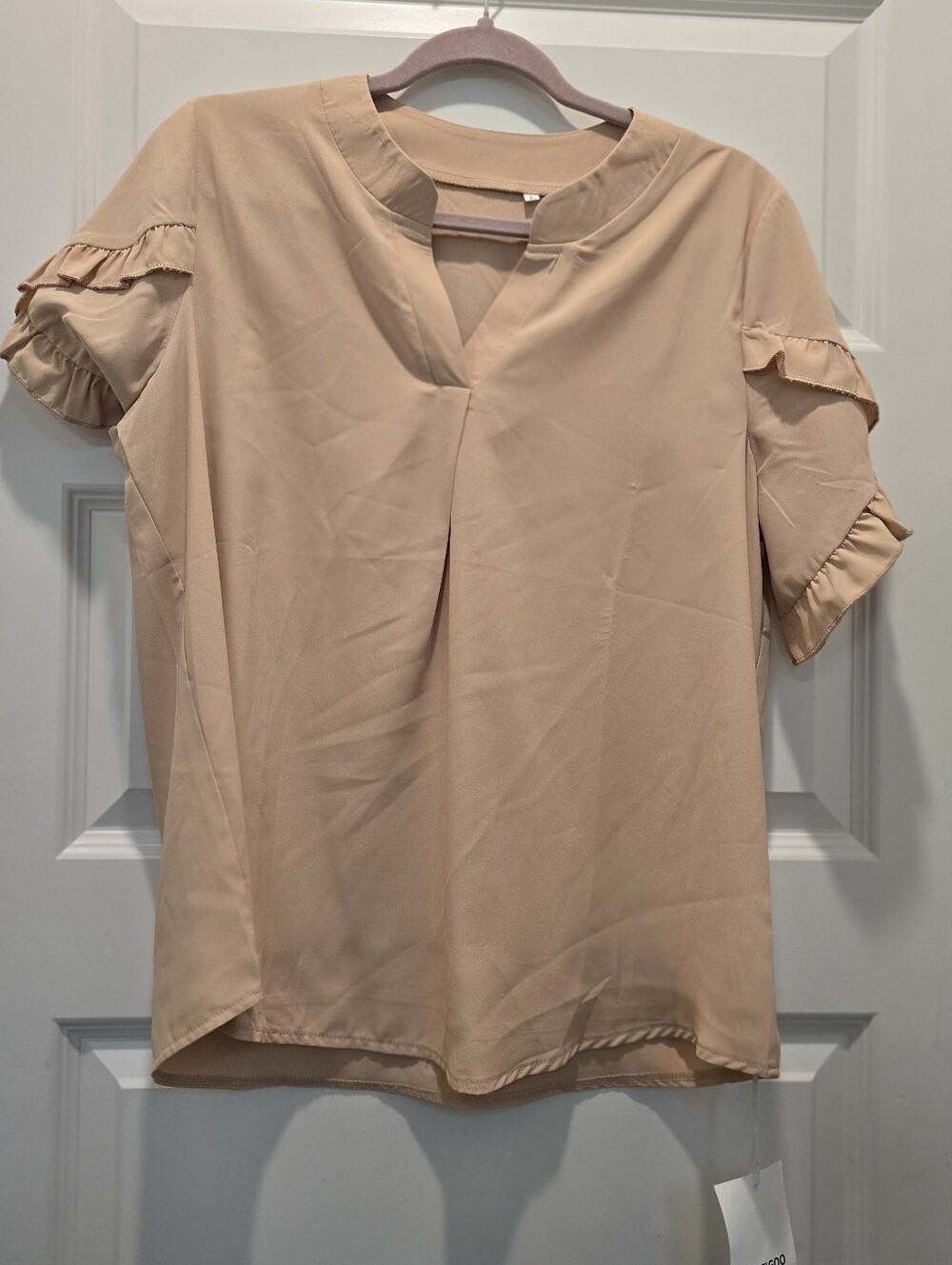 Elegant Blush Pink Ruffle Sleeve V-Neck Blouse